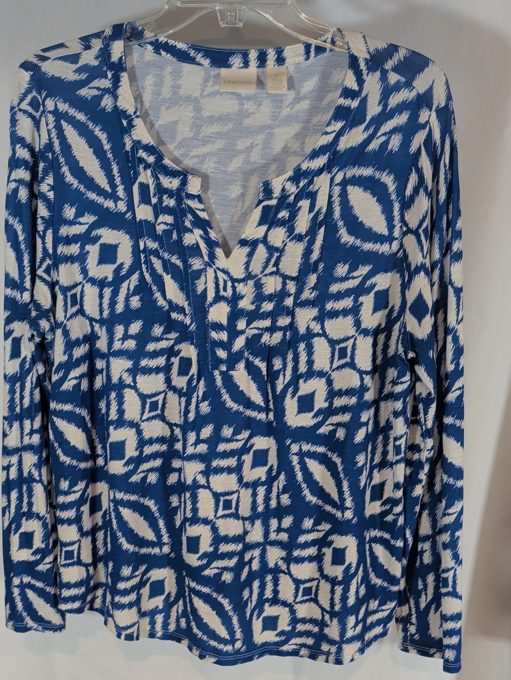 Chico's Blue and White Geometric Long Sleeve Top